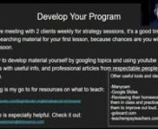 In this video I will give you tips and resources on how to develop your program and teach it.nnResources:nhttps://www.fluentu.com/blog/educator-englihs/advanced-esl-lesons/nnhttps://www.businessenglish.comnnhttps://teacherspayteachers.comnnhttps://goboard.com