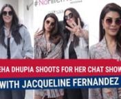 Neha Dhupia was spotted with Jaqueline Fernandez at the shooting for her chat show. The Kick actress looked stylish in a floral patterned wrap dress. Neha, on the other hand, slayed in a black tank top with jeans and a denim jacket with rips. The actresses posed for the paparazzi as they joked around with each other.