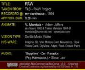 SYNOPSIS: RAW was an initiative taken by TAC Victoria to raise road safety awareness c1994. Along with a dozen or so other artist collaborations Adem Jaffers was invited to contribute a short piece by Hardcore Productions Producer Steve Hardman and Jonathon M Shiff Productions. This version of Sapphire only uses the last 3 minutes of the original track, it&#39;s a track released by Zen Paradox on the album The Voyage released by Psy-Harmonics. It was created by the progressive musician Steve Law. Th