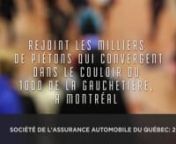 Client : SAAQ, Mois du piétonnRéseau: Businessn30 septembre au 28 octobre 2013nnDans le cadre de la 7e édition du Mois du piéton, Zoom Média et la Société de l’assurance automobile du Québec mettent la sécurité des piétons à l’avant-plan à l’aide d’une campagne d&#39;affichage déployée dans le couloir du 1000, rue De la Gauchetière, à Montréal.