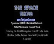 Guests:Lynne Zielinski, Christine Nobbe, Barbara David, Dr. John Jurist.Topics:Space and STEM Education Outreach.Please direct all comments and questions regarding Space Show programs/guest(s) to the Space Show blog, http://thespaceshow.wordpress.com.Comments and questions should be relevant to the specific Space Show program. Written Transcripts of Space Show programs are a violation of our copyright and are not permitted without prior written consent, even if for your own use. We do