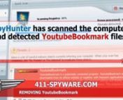 How to remove YoutubeBookmark: http://www.411-spyware.com/remove-youtubebookmarknnYoutubeBookmark is a browser plug-in that should be avoided. Although it has an official website, there is no download link available. Thus, YoutubeBookmark usually arrives via third party websites, together with third party applications. Based on a research carried out by security experts, depending on where you download YoutubeBookmark from, the add-on may not function at all. Therefore, it is obvious that the ap