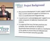 Janis Cramp, Project Lead and Senior Manager of Member Relations &amp; Projects, Addictions and Mental Health Ontario, presents highlights from the project and best practices.nnFor more information, visit http://eenet.ca/dtfp/peer-support-services-best-practices/