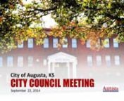 AGENDAnCITY OF AUGUSTAnCouncil MeetingnSeptember 22, 2014n7:00 P.M.nnnnA.tCALL TO ORDERnnB.tPLEDGE OF ALLEGIANCEnnC.tPRAYERntPastor Keith Cross, First Chr ChurchnnD.tMINUTESnn1.tSEPTEMBER 8, 2014 MINUTES 00:02:00ntApproval of minutes for September 8, 2014 City Council meeting.ntnta)tCouncil Motion/VotennE.tAPPROPRIATION ORDINANCEntn1.tORDINANCE 900:03:00ntConsider approval of Appropriation Ordinance 9 dated September 10, 2014.ntnta)tCouncil Motion/VotennF.tVISITORS 00:07:40nn(Visitors may be r