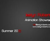 Here is my 3d character Animation Showreeel for Summer 2012. nnMore of my work can be seen over at my website: www.iestynroberts.comnnAll animation &amp; sets were created by me, in Maya, except for:nnSets, rendering, &amp; character rigs for Tom &amp; Angela&#39;s