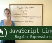 RegExp (Regular Expressions) in JavaScriptnnRegExp is not formatted like anything else in JS, and can have a steep learning curve.nnRegExp can also be an incredibly useful and efficient tool. nnUsing RegExp, you can match, replace, search, and split a string, one of the more difficult types of values to manipulate. nnLike with all of the other videos, we won&#39;t get into the nitty gritty, but I want to show you a few examples of where RegExp is useful.nnIf you wanted to create a registration page