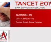 Solution to previous year TANCET question paper. This question is a data sufficiency question and appeared in TANCET 2014 MBA paper. An easy question. nnThe topic that the question appeared from is Simple EquationsnnIf a - b = c, what is the value of b?nStatement 1: c + 6 = anStatement 2 : a = 6nnDetailed video explanatory answer to this past year TANCET paper provided by Ascent Education - TANCET Coaching. http://tancet.ascenteducation.com nnSolution explained in Tamil and English
