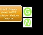If, for any reason, either your GCR or NXC wallet freezes or is otherwise inoperable, please follow these instructions for erasing the existing data files from your computer and reinstalling the wallet. Reinstalling the wallet is how you restore your backup wallet.dat file. However, before shutting your wallet down, make sure you have a recent backup of your wallet.dat file on a USB, CD or DVD drive.n1. Close the wallet by clicking on File &#62; Exit.n For Windows, Go to Start &#62; Run (or press WinKey