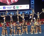 This is the California All Stars&#39; Medium Senior Level 5 team, The Aces, competing at the NCA National Championship cheerleading competition at the Kay Bailey Hutchison Convention Center in Dallas, TX on 3/1/15. They were in 8th place out of 19 teams with a score of 94.85 after Day 2.They are from Las Vegas, NV.