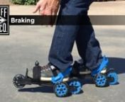 In this video, inventor Brian Green demonstrates how to brake on Cardiff Skates.nnTo brake, put one foot forward, lift up its front wheel, and apply some weight on the back wheel. This will engage the brake.nnThe best position is one where your knees are bent and the rear wheels of your front skate are aligned with the front wheel of your back skate.nnYou can brake with whichever foot is most comfortable.nnLearn more about Cardiff Skates at http://www.cardiffskate.com