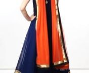 Featuring anarkali suit in navy blue georgette.nIts yoke is embellished in zardosi and stone embroidery along with hem line in aari and sequence work.nChuridar is in navy blue santoon and dupatta in orange net with lurex and black raw silk piping.nLength is 54
