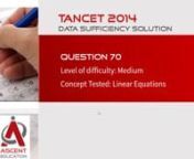 This data sufficiency question is a medium level difficulty question. Appeared in TANCET 2014 MBA. The topic is linear equation. An interesting question - mainly because it plays on the idea that we require as many equations as the number of variables we have to find a unique solution.nWhat is the sum of x, y and z?n1.2x + y + 3z = 45n2.x + 2y = 30nnDetailed video explanation and solution provided by Ascent Education. Bi lingual explanation - English and Tamil.