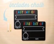 Create photo memories for every first and last day of your child’s school year with Pearhead&#39;s first &amp; last day chalk signs. This chalk sign set includes 2 chalkboard signs, the perfect size for your little one to hold in pictures! Each chalk sign is printed with fun and bright red, blue, green, and yellow colored lettering “my first day of” on one, and “my last day of” on the other. The chalk signs are completely customizable and erasable to reuse every year. Use the white and yel