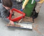 The child has placed a PVC chute on the floor.He scoops pellets from a oil pan container andpours them into the PVC chute.He reaches into the oil pan for a second scoop and then sprinkles it gently as if to make sure to cover more parts of the chute evenly.As he does that, another child drops some pellets from a spoon into the PVC chute