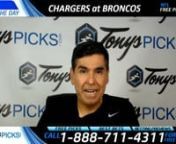 Go to: https://www.tonyspicks.comThe LA Chargers will battle Denver Broncos in an NFL pro football game Monday night September 11th, 2017. NFL pick prediction odds Denver -3.5 with over under odds 43.5. It will air on ESPN TV. NFL pick prediction LA Chargers vs. Denver Broncos is ready and sent fast to preview readers requesting it. nnStart Time: 10:20 PM ETnnLocation: DenvernnDate: Monday September 11th, 2017nnTV: ESPNnnNFL Point Spread Odds: Denver Broncos -3.5nnMoney Line Odds:Denver Bron