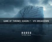 For Season 7 of Game of Thrones, our team was tasked with concept art, as well as the making-of of the sea battle in episode 2 and wall destruction in the finale. nnFor the nighttime sea battle, we created various simulations, CG environments and more. We created a CG ocean, CG background ships, extended parts of Yara’s ship, redressed it in CG and added extensions, as well as extending the Silence set piece to create a whole ship. Our team also augmented the practical fire in the plates, enha