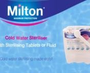 1. Clean: Wash baby bottles, teats and breastfeeding equipment in warm soapy water, then rinse in cold water. nn2. Prepare solution: Fill your Milton Unit to the5L fill line, then add 1 Milton Sterilising Tablet or 30ml of Milton Sterilising Fluid.nn3. Add items: Close the lid and in just 15 minutes everything is ready for use. Keep items in the solution until you need them and replace after use to sterilise again. You can add and remove items until the solution needs renewing after 24 hours.