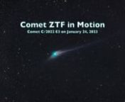 This short 30-second movie presents a time-lapse sequence shot on January 24, 2023 of Comet C/2022 E3 (ZTF) — the “green comet” — in motion against the background stars. nnI repeat the sequence twice, with the last two clips slowed to 1/2x speed from the 24 frames per second of the first clip. The sequence is made of 120 frames shot over 2 hours, each frame being a 1-minute exposure at a focal length of 250mm. The optics were the William Optics RedCat 51mm f/4.9 astrograph and the camera