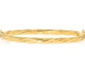 https://www.ross-simons.com/946601.htmlnnYou can never go wrong with an Italian-made bangle bracelet. Boasting a sophisicated twisted design, this bangle shines in polished 18kt yellow gold over sterling silver. Perfectly chic worn solo or mixed in a stack of your favorites! Figure 8 safety. Hinged. 18kt yellow gold over sterling silver twisted bangle bracelet.