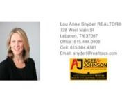 1280 Jennings Pond Rd Lebanon TN 37090 &#124; Lou Anne SnydernnLou Anne SnydernnLou Anne has been a licensed realtor since 1996. I have been involved in real estate in different areas since 16 years of age. I clerked at auctions for many years, and then was also an assistant at a real estate firm while in college. After graduating I became an elementary teacher in Lebanon City Schools. Finally in 1996 I became a full time agent serving the people in Wilson County and Middle Tennessee. Enough said abo