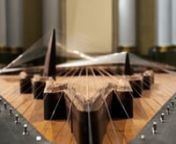Citrapataṃga Brevicornis, 2022.nConcept: Ximena Labra, Leonardo Heiblum. Colaboration with luthier Carlos Chinchillas.nMusical instrument for twelve hands, sound sculpture. Harmonic table: cedar wood with carved chagane wood bridges. 108 strings: piano, concert harp, Jarocha harp, jarana, sitar and psaltery strings. Body: chechen and katalox woods. Iron and steel. n2.7 x 1.8 x 1.3 m , 350 kg.nnCitrapataṃga: from the Sanskrit language, butterfly.nPataṃga: any animal that flies.nCitra: ima
