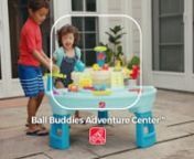 The Ball Buddies are back and ready to haul toy balls around this two-tier kids’ water table! In addition to the classic Ball Buddies dump truck, this outdoor water play table for kids includes a Ball Buddies helicopter, boat, and a train – that can haul two play balls at once! The Ball Buddies characters can’t wait to go on adventures around the lazy river, or cruise around the bends of the molded-in roadways and bridge attachments. With a large footprint, tons of included accessories, an