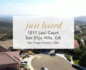 1211 Lexi Ct, San Marcos, CA 92078n4 bedroom + loft&#124;4.5 bathsn4,074 ESF&#124;12,068 ESF LotnLP &#36; &#36;2,127,000nGORGEOUS CONTEMPORARY MASTERPIECE &amp; FORMER MODEL W/ PANORAMIC MOUNTAIN, OCEAN &amp; SUNSET VIEWS! This end of CUL-DE-SAC beauty sits on an oversized lot in the newer community of Sanctuary/San Elijo Hills. DESIGNER UPGRADES incl. cantina doors, custom glass staircase, gourmet chef’s kitchen w/ wine room + 4 BD (1st floor bd/ba), OFFICE &amp; LOFT. The stunning master offers a VIEW
