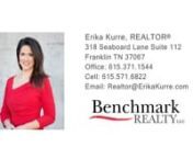 809 Garrett Way Ct Antioch TN 37013 &#124; Erika Kurre nnErika KurrennI hope we can meet in person soon! But for now, here&#39;s a little bit of info about me:nnnAfter almost 100 transactions into my Real Estate career, I joined Benchmark Realty in 2020 for its incredible tools and resources. This pairs well with my Bachelor&#39;s degree in Communication, along with about two decades of personal experience buying and selling homes. My past experience in TV News brings skills I use daily in Real Estate negoti