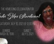 Homegoing Celebration fornSadie Mae SturdivantnSaturday, July 10, 2021n12:00 PMn(Quiet Hour is at 11:00 AM)nnnSadie Mae Sturdivant was born on March 16, 1936, in Matthews, North Carolina to the late Woodrow and Henrietta Miller Hudson.In addition to her parents, she is preceded to eternity by two brothers, Robert Hudson (2004) and Samuel Hudson (2008), and two sisters, Lorraine H. Cooper (2020) and Geneva H. Walker (2021).nnAs preordained by God, in the early hours on Monday, July 5, 2021, Sad