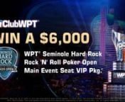 Play for a chance to win a ClubWPT™ VIP Package to the WPT® Seminole Hard Rock Rock ‘N&#39; Roll Poker Open Main Event on Sunday, October 3, 2021.nnNot yet a ClubWPT™ VIP Member? Enjoy playing poker online at the official website of the World Poker Tour® FREE for 14 days* for and a chance to win &#36;100,000 in cash &amp; prizes each month, including a televised WPT® Main Event seat VIP package, entry into the the weekly featured cash poker tournaments, access to all of our exciting social poke