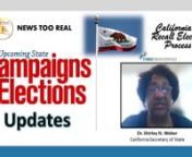 In this episode of News Too Real, producer host, Julia Dudley Najieb reviews the upcoming recall election process, featuring California Sec. of State, Dr. Shirley Weber.nnCalifornia will hold a recall election against Governor Gavin Newsom on September 14th and potentially select a new governor on the same day from a list of 46 candidates. Secretary of State Shirley Weber, in this first ethnic media briefing since she took office on Januaryn29th, 2021, will give the details we need to inform our