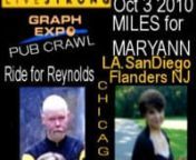 A memory video of a great day on Oct 3, 2010 when 18 cyclists rode miles for Maryann Ingoglia, diagnosed with Acute Myeloid Leukemia in March of 2010. Rides were held in No. NJ, So. Cal, No, Illinois and Mt Fuji Japan. A hundred supporters turned out to cheer us on as we ride to help support cancer eradication and support of those who are touched by this scourge. They also fed us well at a post ride feast at the home of Bob and Maryann Ingoglia in Flanders NJ where the ride started from and retu