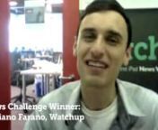 Project: WatchupnWinners: Adriano Farano and Jonathan Lundell of UXNOVOnTwitter: @watchup @farano nnSummary: Available starting today in the iTunes store, Watchup is an iPad application that will help people find high-quality news videos. Whileidentifying relevant content is often time-consuming, Watchup speeds the process with a curated playlist that aggregates news reports from a variety of networks into a simple interface. The service plans to sustain itself by selling video advertising on