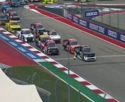 As the Craftsman Truck Series race at Circuit of The Americas goes green, polesitter Connor Zilisch runs wide in Turn 1 and loses the lead.