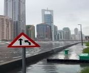 As of 1:45pm, service roads around the Sheikh Zayed Road were flooded. It has slowed down traffic considerably and now, security is on site blocking the road.