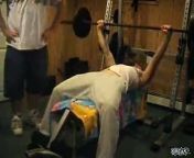 This guy gets annoyed having to spot his buddy who can only bench press 115 lbs so he drops a nut shot during his friends ...