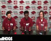 Arkansas Razorbacks Fernando Carmona, Eric Gregory and Luke Hasz with the media after spring practice Tuesday morning on new coaches, progress made in the off-season.