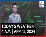 Today&#39;s Weather, 4 A.M. &#124; Apr. 12, 2024&#60;br/&#62;&#60;br/&#62;Video Courtesy of DOST-PAGASA&#60;br/&#62;&#60;br/&#62;Subscribe to The Manila Times Channel - https://tmt.ph/YTSubscribe &#60;br/&#62;&#60;br/&#62;Visit our website at https://www.manilatimes.net &#60;br/&#62;&#60;br/&#62;Follow us: &#60;br/&#62;Facebook - https://tmt.ph/facebook &#60;br/&#62;Instagram - Ahttps://tmt.ph/instagram &#60;br/&#62;Twitter - https://tmt.ph/twitter &#60;br/&#62;DailyMotion - https://tmt.ph/dailymotion &#60;br/&#62;&#60;br/&#62;Subscribe to our Digital Edition - https://tmt.ph/digital &#60;br/&#62;&#60;br/&#62;Check out our Podcasts: &#60;br/&#62;Spotify - https://tmt.ph/spotify &#60;br/&#62;Apple Podcasts - https://tmt.ph/applepodcasts &#60;br/&#62;Amazon Music - https://tmt.ph/amazonmusic &#60;br/&#62;Deezer: https://tmt.ph/deezer &#60;br/&#62;Tune In: https://tmt.ph/tunein&#60;br/&#62;&#60;br/&#62;#TheManilaTimes&#60;br/&#62;#WeatherUpdateToday &#60;br/&#62;#WeatherForecast