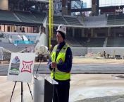 Rob Matwick, Texas Rangers VP of Business Operations, addresses the media with updates on the construction of Globe Life Field.