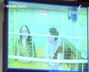 Detained Russian theatre director Yevgeniya Berkovich and fellow playwright Svetlana Petriychuk appear via video link to attend a court hearing.The pair were arrested in 2023 on charges of &#92;