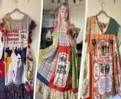 A woman transforms old tea towels into dresses - after teaching herself to sew on YouTube.&#60;br/&#62;&#60;br/&#62;Scarlett Hawkes, 28, has always loved fashion and has been sewing since she was aged 14.&#60;br/&#62;&#60;br/&#62;But after dropping out of university - where she was studying womenswear - she decided to continue to teach herself. &#60;br/&#62;&#60;br/&#62;Scarlett learnt the basics from YouTube and Google and launched an Etsy shop during the pandemic.&#60;br/&#62;&#60;br/&#62;She started upcycling some clothes from her mum, Nicky, 57, but found her niche when she transformed a Heinz ketchup tea towel into a dress.
