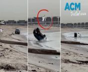 A dramatic video captures the harrowing moment when a four-wheel-drive vehicle loses control and flips several times on Abu Al Hasaniya Beach in Kuwait. Despite the violent crash, the 34-year-old driver miraculously emerges from the wreckage with only minor injuries.