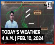 Today&#39;s Weather, 4 A.M. &#124; Feb. 10, 2024&#60;br/&#62;&#60;br/&#62;Video Courtesy of DOST-PAGASA&#60;br/&#62;&#60;br/&#62;Subscribe to The Manila Times Channel - https://tmt.ph/YTSubscribe &#60;br/&#62;&#60;br/&#62;Visit our website at https://www.manilatimes.net &#60;br/&#62;&#60;br/&#62;Follow us: &#60;br/&#62;Facebook - https://tmt.ph/facebook &#60;br/&#62;Instagram - https://tmt.ph/instagram &#60;br/&#62;Twitter - https://tmt.ph/twitter &#60;br/&#62;DailyMotion - https://tmt.ph/dailymotion &#60;br/&#62;&#60;br/&#62;Subscribe to our Digital Edition - https://tmt.ph/digital &#60;br/&#62;&#60;br/&#62;Check out our Podcasts: &#60;br/&#62;Spotify - https://tmt.ph/spotify &#60;br/&#62;Apple Podcasts - https://tmt.ph/applepodcasts &#60;br/&#62;Amazon Music - https://tmt.ph/amazonmusic &#60;br/&#62;Deezer: https://tmt.ph/deezer &#60;br/&#62;Stitcher: https://tmt.ph/stitcher&#60;br/&#62;Tune In: https://tmt.ph/tunein&#60;br/&#62;&#60;br/&#62;#TheManilaTimes&#60;br/&#62;#WeatherUpdateToday &#60;br/&#62;#WeatherForecast