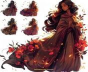 Prompt Midjourney : in full length multiple floating poses of the same mystical mid aged women with wavy dark brown almost black hair that with flowers that bloom during the season. Her eyes, a deep shade of sparkling brown She wears flowing robes that shimmer with hues reflecting the current season in children illustration --v 6.0