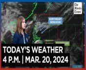 Today&#39;s Weather, 4 P.M. &#124; Mar. 20, 2024&#60;br/&#62;&#60;br/&#62;Video Courtesy of DOST-PAGASA&#60;br/&#62;&#60;br/&#62;Subscribe to The Manila Times Channel - https://tmt.ph/YTSubscribe &#60;br/&#62;&#60;br/&#62;Visit our website at https://www.manilatimes.net &#60;br/&#62;&#60;br/&#62;Follow us: &#60;br/&#62;Facebook - https://tmt.ph/facebook &#60;br/&#62;Instagram - https://tmt.ph/instagram &#60;br/&#62;Twitter - https://tmt.ph/twitter &#60;br/&#62;DailyMotion - https://tmt.ph/dailymotion &#60;br/&#62;&#60;br/&#62;Subscribe to our Digital Edition - https://tmt.ph/digital &#60;br/&#62;&#60;br/&#62;Check out our Podcasts: &#60;br/&#62;Spotify - https://tmt.ph/spotify &#60;br/&#62;Apple Podcasts - https://tmt.ph/applepodcasts &#60;br/&#62;Amazon Music - https://tmt.ph/amazonmusic &#60;br/&#62;Deezer: https://tmt.ph/deezer &#60;br/&#62;Tune In: https://tmt.ph/tunein&#60;br/&#62;&#60;br/&#62;#TheManilaTimes&#60;br/&#62;#WeatherUpdateToday &#60;br/&#62;#WeatherForecast