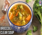 Learn how to make Broccoli Clear Soup at home with our Chef Ruchi&#60;br/&#62;&#60;br/&#62;Broccoli Broth is a super healthy broth which you can have as a low carb soup made of lots of veggies like broccoli, carrots and onions. &#60;br/&#62;&#60;br/&#62;Ingredients:&#60;br/&#62;3 cups Water (for boiling)&#60;br/&#62;Broccoli Stalks&#60;br/&#62;1 Onion (chopped)&#60;br/&#62;4-5 Garlic Cloves (peeled)&#60;br/&#62;1 Tomato (chopped)&#60;br/&#62;1 inch Cinnamon Stick&#60;br/&#62;1 Clove&#60;br/&#62;1 Bay Leaf&#60;br/&#62;Salt (as per taste)&#60;br/&#62;1 tbsp Butter&#60;br/&#62;1 Onion (chopped)&#60;br/&#62;1 tbsp Garlic (chopped)&#60;br/&#62;1 tbsp Celery (chopped)&#60;br/&#62;1 cup Broccoli Florets&#60;br/&#62;½ Yellow Zucchini (chopped)&#60;br/&#62;1 Carrot (chopped)&#60;br/&#62;4-5 Spinach Leaves&#60;br/&#62;½ tsp Oregano&#60;br/&#62;A pinch of Chilli Flakes&#60;br/&#62;Black Pepper (as per taste)&#60;br/&#62;Salt (as per taste)&#60;br/&#62;6-8 Basil Leaves