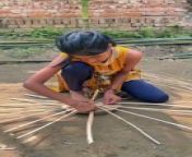 Hardworking Girl Making Bamboo Basket in Village from big video bamboo in