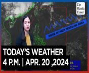 Today&#39;s Weather, 4 P.M. &#124; Apr. 20, 2024&#60;br/&#62;&#60;br/&#62;Video Courtesy of DOST-PAGASA&#60;br/&#62;&#60;br/&#62;Subscribe to The Manila Times Channel - https://tmt.ph/YTSubscribe &#60;br/&#62;&#60;br/&#62;Visit our website at https://www.manilatimes.net &#60;br/&#62;&#60;br/&#62;Follow us: &#60;br/&#62;Facebook - https://tmt.ph/facebook &#60;br/&#62;Instagram - https://tmt.ph/instagram &#60;br/&#62;Twitter - https://tmt.ph/twitter &#60;br/&#62;DailyMotion - https://tmt.ph/dailymotion &#60;br/&#62;&#60;br/&#62;Subscribe to our Digital Edition - https://tmt.ph/digital &#60;br/&#62;&#60;br/&#62;Check out our Podcasts: &#60;br/&#62;Spotify - https://tmt.ph/spotify &#60;br/&#62;Apple Podcasts - https://tmt.ph/applepodcasts &#60;br/&#62;Amazon Music - https://tmt.ph/amazonmusic &#60;br/&#62;Deezer: https://tmt.ph/deezer &#60;br/&#62;Tune In: https://tmt.ph/tunein&#60;br/&#62;&#60;br/&#62;#themanilatimes&#60;br/&#62;#WeatherUpdateToday &#60;br/&#62;#WeatherForecast&#60;br/&#62;&#60;br/&#62;