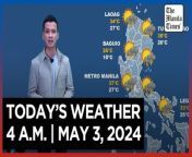 Today&#39;s Weather, 4 A.M. &#124; May 3, 2024&#60;br/&#62;&#60;br/&#62;Video Courtesy of DOST-PAGASA&#60;br/&#62;&#60;br/&#62;Subscribe to The Manila Times Channel - https://tmt.ph/YTSubscribe &#60;br/&#62;&#60;br/&#62;Visit our website at https://www.manilatimes.net &#60;br/&#62;&#60;br/&#62;Follow us: &#60;br/&#62;Facebook - https://tmt.ph/facebook &#60;br/&#62;Instagram - https://tmt.ph/instagram &#60;br/&#62;Twitter - https://tmt.ph/twitter &#60;br/&#62;DailyMotion - https://tmt.ph/dailymotion &#60;br/&#62;&#60;br/&#62;Subscribe to our Digital Edition - https://tmt.ph/digital &#60;br/&#62;&#60;br/&#62;Check out our Podcasts: &#60;br/&#62;Spotify - https://tmt.ph/spotify &#60;br/&#62;Apple Podcasts - https://tmt.ph/applepodcasts &#60;br/&#62;Amazon Music - https://tmt.ph/amazonmusic &#60;br/&#62;Deezer: https://tmt.ph/deezer &#60;br/&#62;Tune In: https://tmt.ph/tunein&#60;br/&#62;&#60;br/&#62;#TheManilaTimes&#60;br/&#62;#WeatherUpdateToday &#60;br/&#62;#WeatherForecast