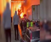 Videos show massive fire on highway after petrolium tank crash from quarantine tank